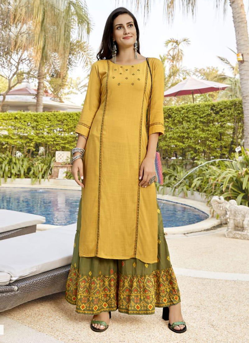 Rose Heavy Rayon Embroidery And Hand Work Kurti With Rayon Print Sharara Designer Collection 8001-8006